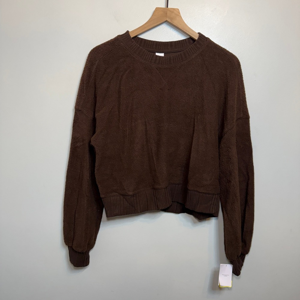Auden Women's Brown Fleece Cropped Sweatshirt Relaxed Fit Crew Neck Small NWT